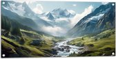 Tuinposter – Rivier - Water - Stenen - Landschap - Bergen - Sneeuw - Wolken - 100x50 cm Foto op Tuinposter (wanddecoratie voor buiten en binnen)