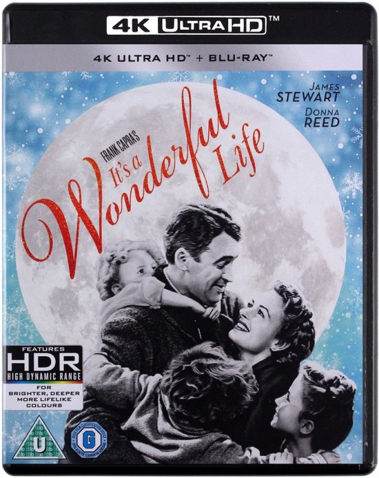 4K Ultra HD Blu-ray hoes met James Stewart en Donna Reed die hun kinderen knuffelen onder een grote maan en sneeuwvlokken. Tekst: It's a Wonderful Life.