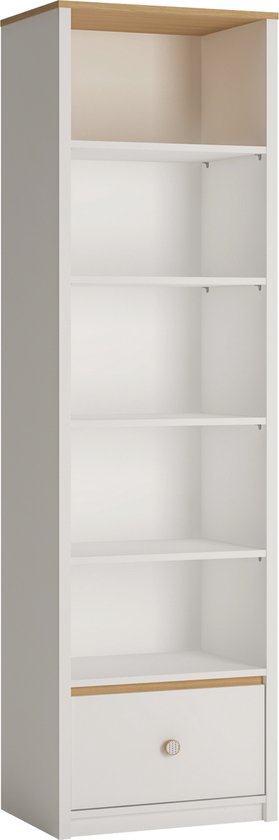 GLOBO R01 1S Hoge staande open boekenkast met lade, breedte 54,5 cm, jeugdmeubilair, boekenkast voor de kamer, wit + eiken