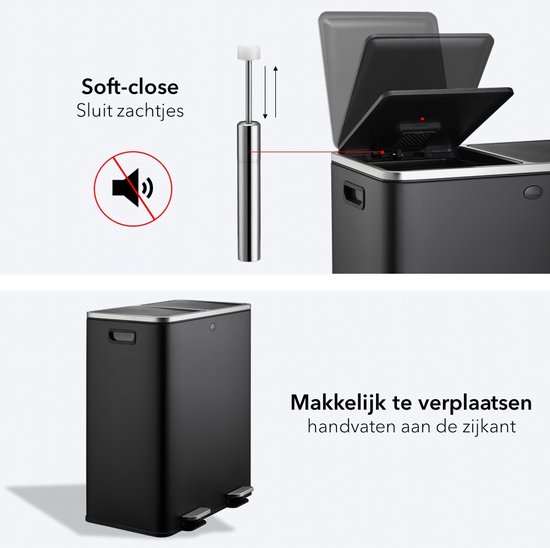Poubelle De Cuisine 60 L Inox à Pédale - Couvercle Soft-Close - Seau Intérieur Amovible Avec Attaches Sac - Pour Famille De 3 à 6 Personnes