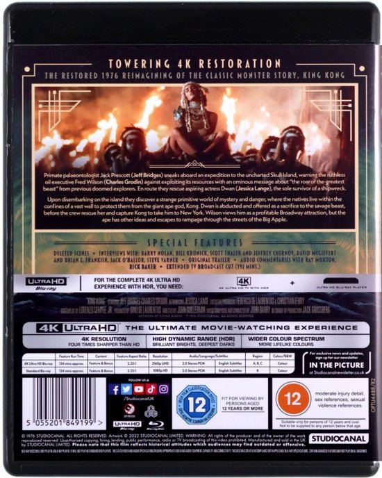 De achterkant van de King Kong 4K Ultra HD Blu-ray hoes met filminfo, speciale extra's en 4K-functies.