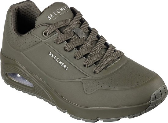 Basket Skechers vert olive avec lacets, perforations et unité Air visible.