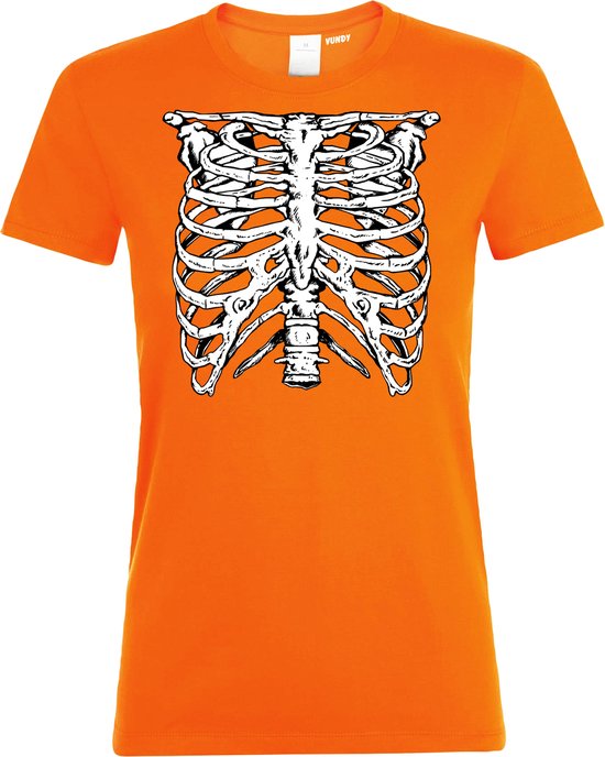 Dames T-shirt Skelet Ribbenkast | Halloween Kostuum Volwassenen | Halloween | Foute Party | Oranje dames | maat L