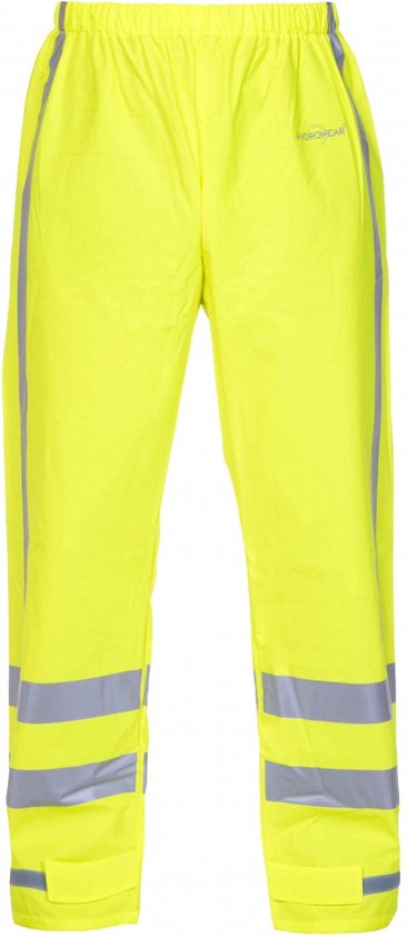 Hoge zichtbaarheidsbroek in geel, met Hydrowear-logo, twee reflecterende strepen langs de zijkant van de pijpen en twee dubbele reflecterende banden onderaan.