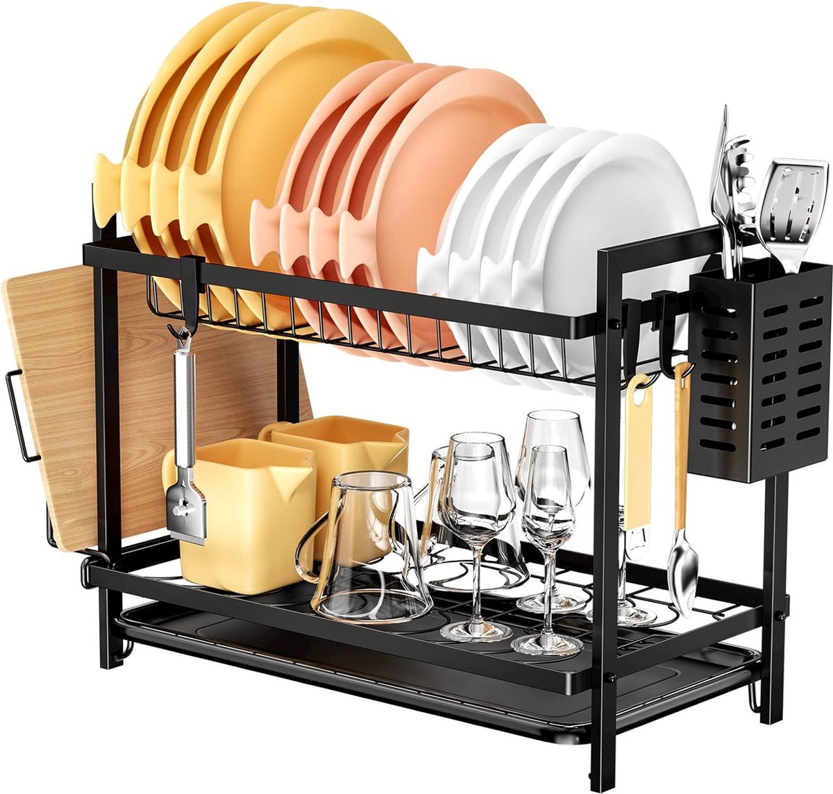 Égouttoir à Vaisselle Leadfun Compact - 41x17x10 Cm, Jusqu’à 12 Assiettes, Plateau Inclus, Noir