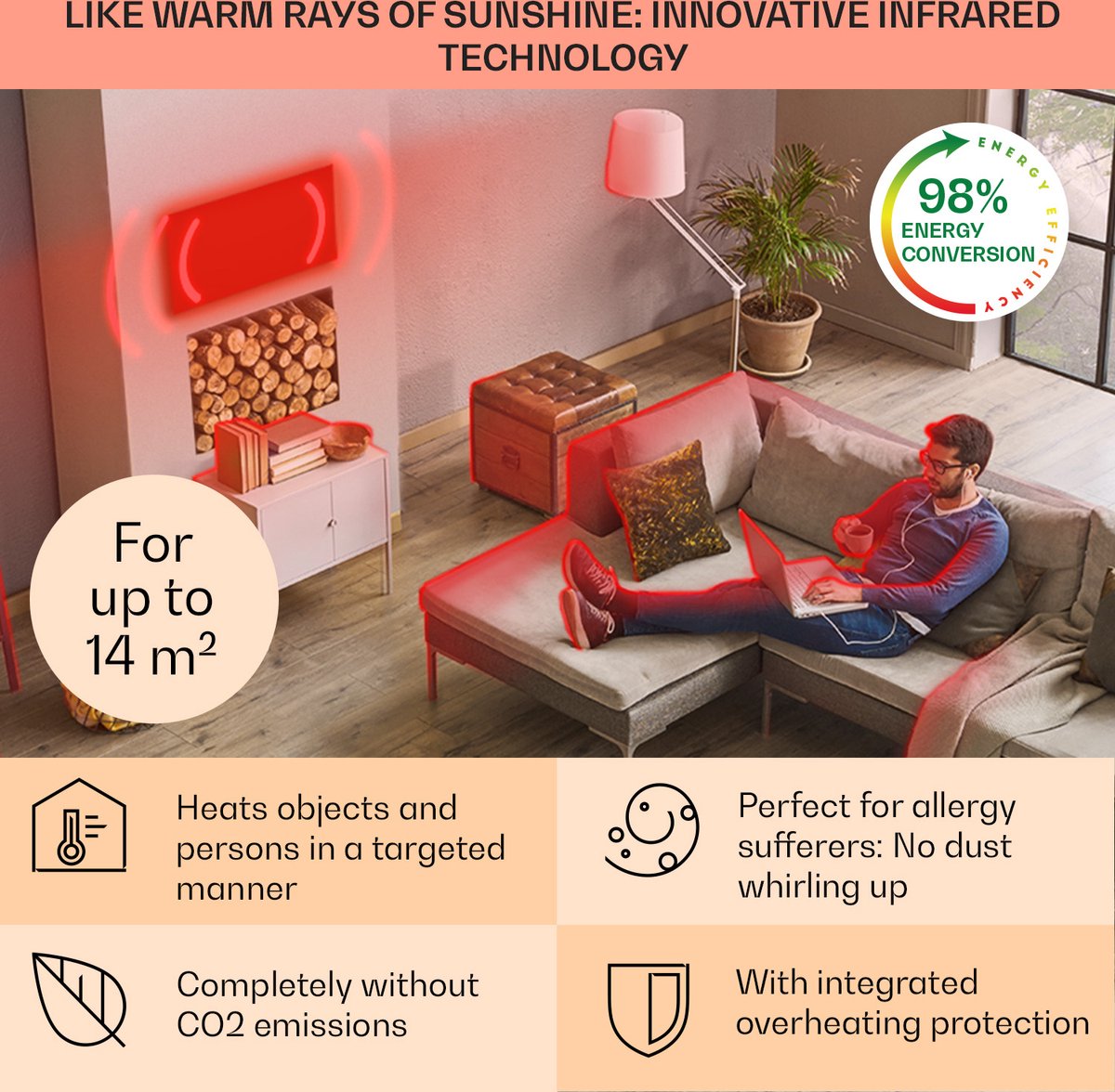 Klarstein infraroodverwarming met thermostaat, 720 watt elektrische verwarming, infraroodverwarming voor wandmontage, IR-paneel met afstandsbediening en timer, elektrische platte radiator, CO2-vrije wandverwarming – foto 4