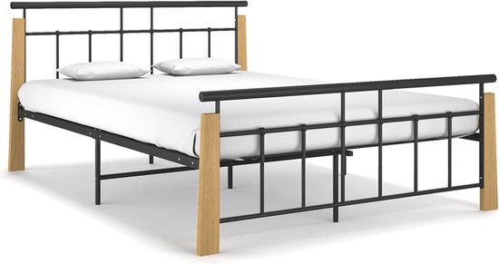 The Living Store Bedframe - Metaal Hout - 206x153x86 cm - Geschikt voor 140x200 cm Matras - Zwart Massief - Montage vereist