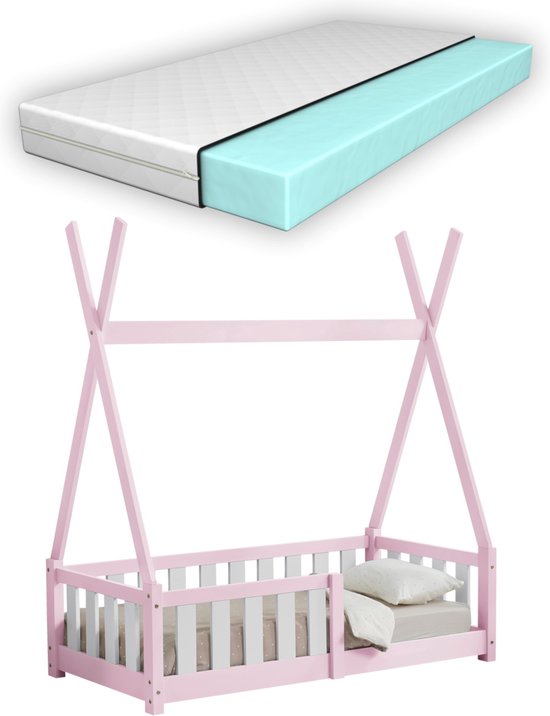 Kinderbed Lennon - Tipi - Met valbescherming - en matras - 70x140 cm - Roze - Voor meisjes - Voor jongens - Voor kinderen