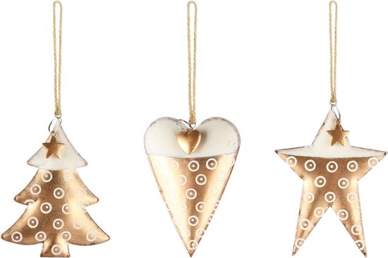 Décoratif | Pendentif coeur/arbre/étoile, or, métal, 12x1x9cm, lot de 3 pièces | A235649