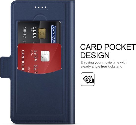 Étui de téléphone bleu avec porte-cartes et texte "CARD POCKET DESIGN".