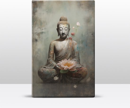 Buddha met bloemen - Laqueprint - 19,5 x 30 cm - Niet van echt te onderscheiden handgelakt schilderijtje op hout - Mooier dan een print op canvas. - LW535