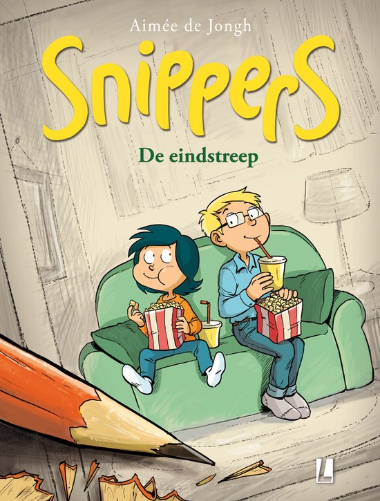 Twee kinderen, een jongen en een meisje, zitten op een bank met popcorn en drinken. Grote gele tekst 'Snippers'.