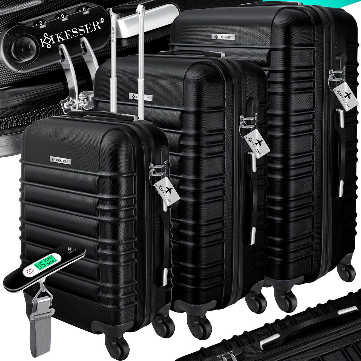 KESSER® 3x Koffer, reiskofferset, trolleykoffer harde kofferset incl. bagageweegschaal + bagagelabel rollend kofferslot 4 wielen ABS harde schaal telescopisch handvat M-L-XL - Zwart