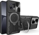 Hoesje met Camera Slider Geschikt voor de Xiaomi 13 Pro - Back Cover met Standaard - Beschermhoes TPU - Uitklapbare Kickstand Ring - Magneet voor Auto Houder Zwart