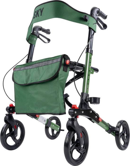 Sky - Lichtgewicht rollator - Special Edition Groen - Dubbel opvouwbaar - Met stokhouder, tas en rugband