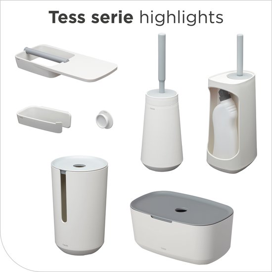 Een set van badkameraccessoires in de 'Tess' serie, in wit met grijze accenten: wc-rolhouder, toiletborstelhouder, zeepdispenser, prullenbak en een douche organizer.