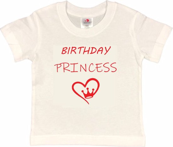 T-shirt Kinderen "Birthday Princess" | korte mouw | Wit/rood | maat 158/164 Verjaardag Meisjes Prinses