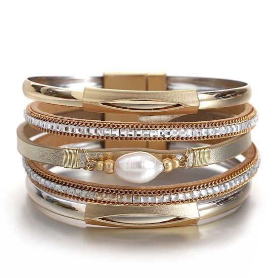 Sorprese armband - Pearl - armband dames - leer - wikkelarmband - parel - cadeau - Model R - Cadeau