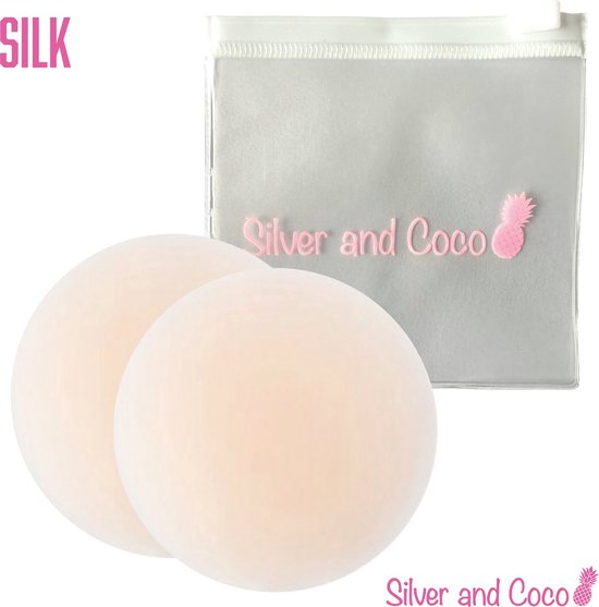 SilverAndCoco® - Tepelplakkers herbruikbaar / Zelfklevende Invisible Tepelcovers Nipple Covers / Onzichtbare Siliconen Tepel bedekkers BH Pads Silicone Nipple Stickers Dun - 2 stuks (1 set) met tasje / Lichte Huid - 9cm