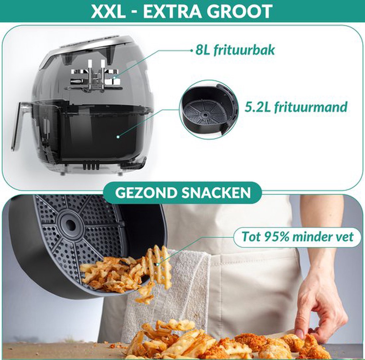 Niceey Airfryer XXL - Heteluchtfriteuse - 1800W - 8,0L - Incl. Kookboek - Zwart thumbnail 4