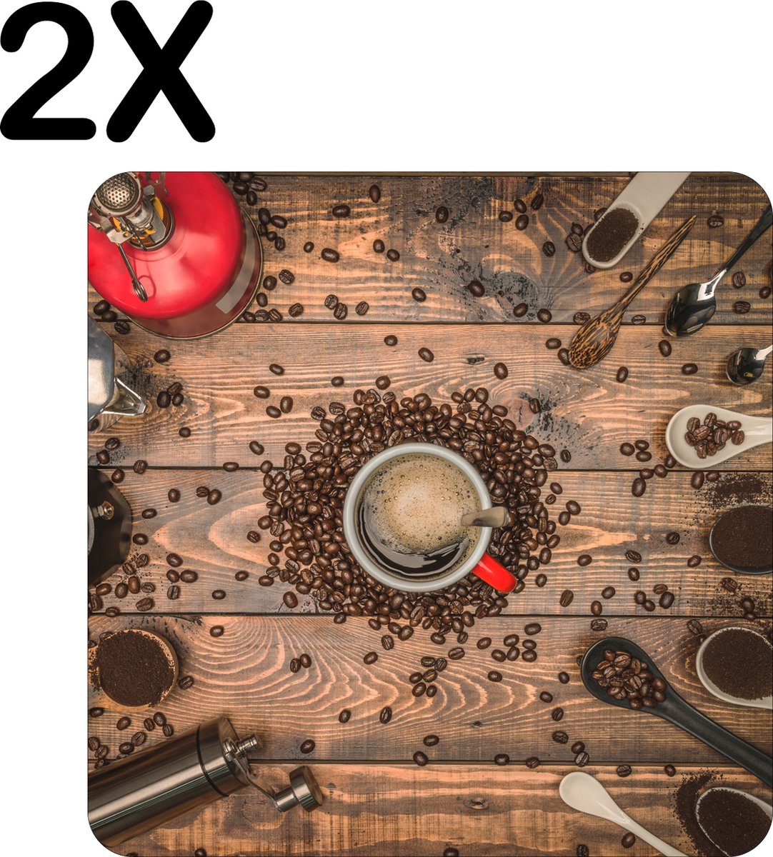 BWK Luxe Placemat - Koffie molens en Schepjes - Set van 2 Placemats - 50x50 cm - 2 mm dik Vinyl - Anti Slip - Afneembaar