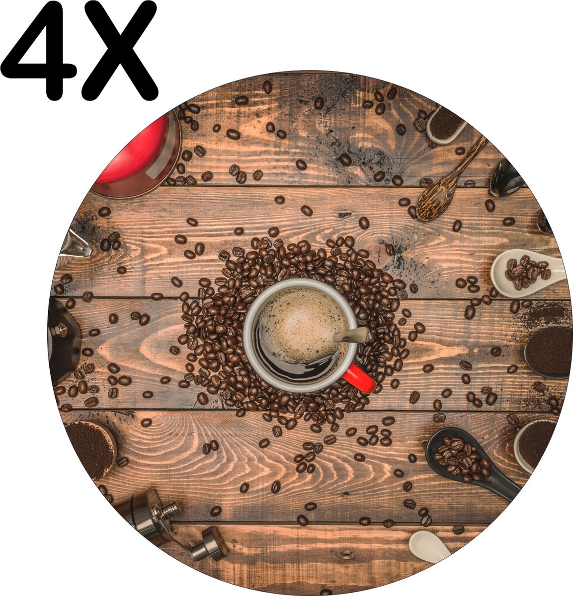 BWK Flexibele Ronde Placemat - Koffie molens en Schepjes - Set van 4 Placemats - 50x50 cm - PVC Doek - Afneembaar