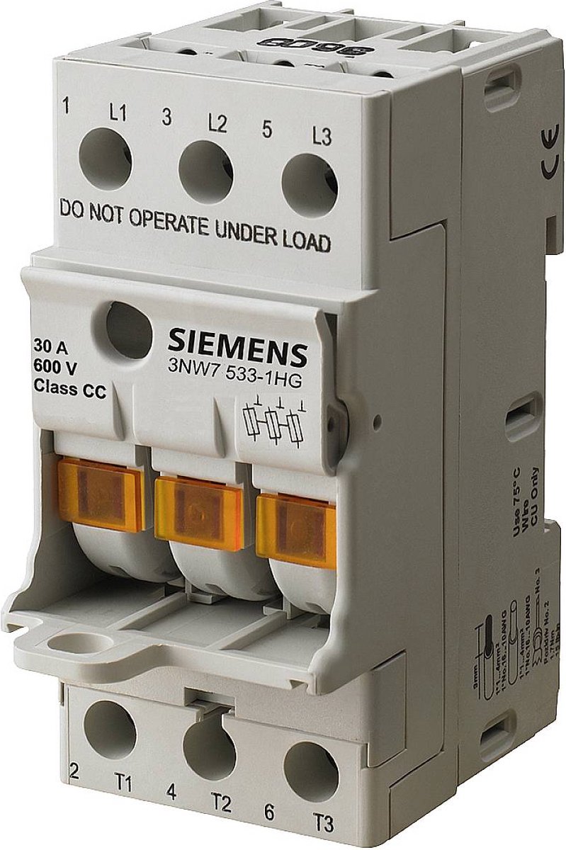 Siemens zekeringhouder voor DIN-railmontage trillingsdemping SENTRON voor klasse CC zekeringen 30A 600V ac