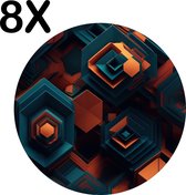 BWK Luxe Ronde Placemat - Artistiek Blauw met Oranje Patroon - Set van 8 Placemats - 40x40 cm - 2 mm dik Vinyl - Anti Slip - Afneembaar