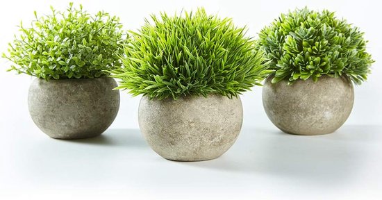 Set van 3 kunstgroene grasplanten in grijze potten, kleine decoratieve kunstplastic planten, ideaal voor thuis, kantoor, badkamer, keuken en outdoor decoratie