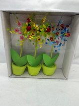 Set van 3 windmolentjes in pot - kunststof+houten steker "bloemetjes + lieveheersbeestje"- meerkleurig + groene potjes- dia 9 cm x hoogte 16 cm - Tuinaccessoires - tuinstekers