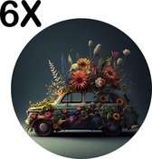 BWK Flexibele Ronde Placemat - Kustige Bloemen Auto - Set van 6 Placemats - 40x40 cm - PVC Doek - Afneembaar