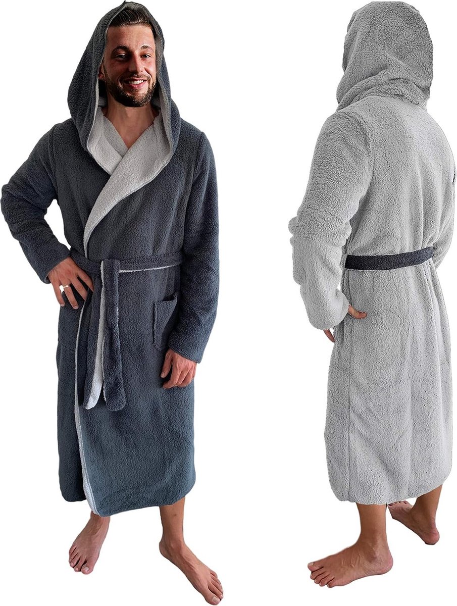 HOMELEVEL Sherpa omkeerbare badjas voor heren, met capuchon, ochtendjas, huisjas, badjas, warm voor de winter