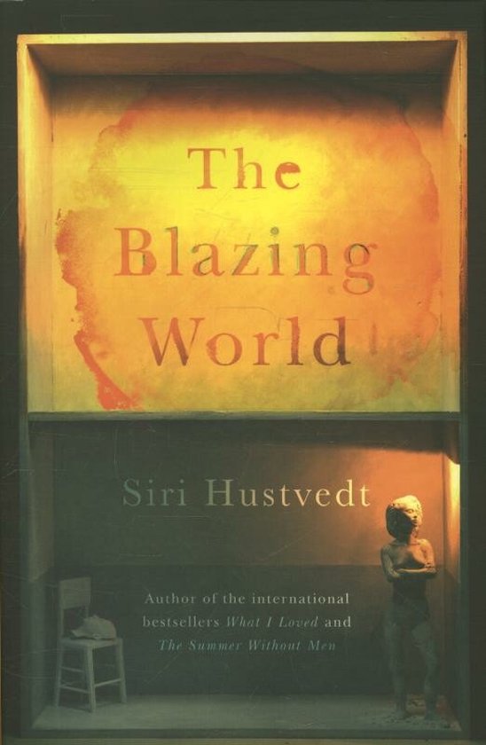 Boekcover van 'The Blazing World' met warme kleuren en een kleine beeldengroep.