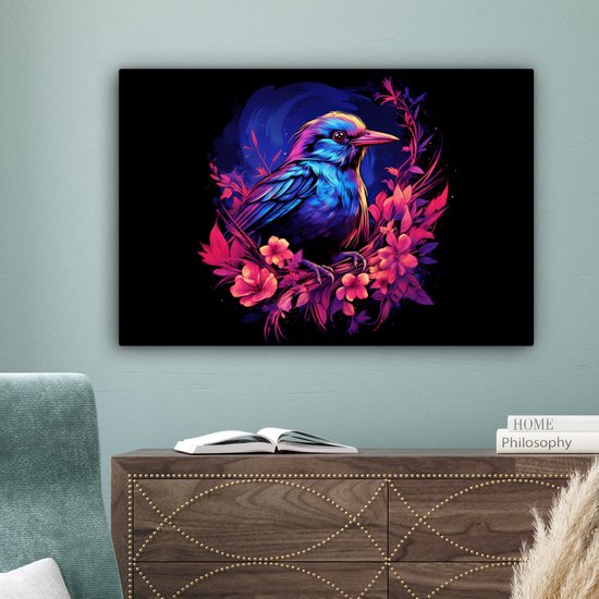 Peinture sur toile Rétro - Vogel - Fleurs - Zwart - Rose - Blauw - Animaux - 90x60 cm - Décoration murale