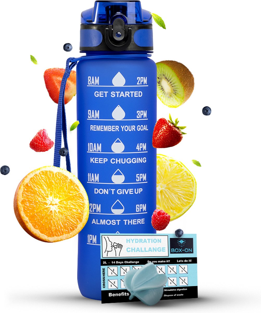Motivatie Waterfles - Met Fruitfilter - Inclusief Shake Bal - Blauw - 1 Liter Drinkfles - Motivatiefles - Waterfles met tijdmarkering - BPA Vrij - Volwassenen - Kinderen - Met Box-On Hydration Challenge