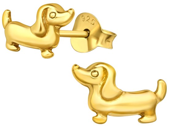 Joy|S - Zilveren hond oorbellen - teckel - 10 x 6 mm - oorknoppen - 14k goudplating