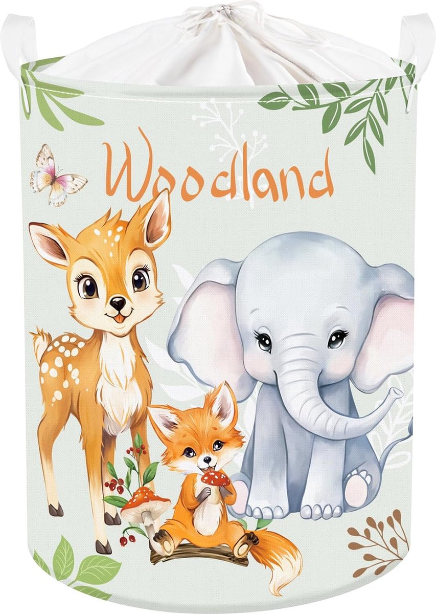 45L Giraffe Olifant Vos Jongen Meisje Wasmand Rond Groen Bos Dieren Speelgoed Kleding Opbergmand voor Kinderkamer 36 x 45 cm