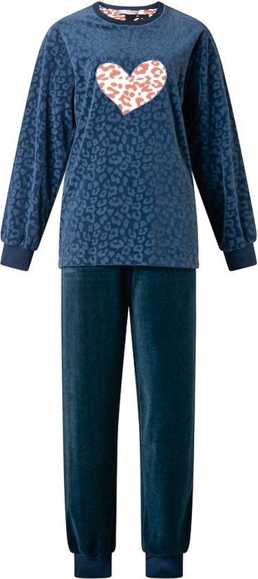 Lunatex Dames pyjama velours met dierenprint - Navy -maat XL