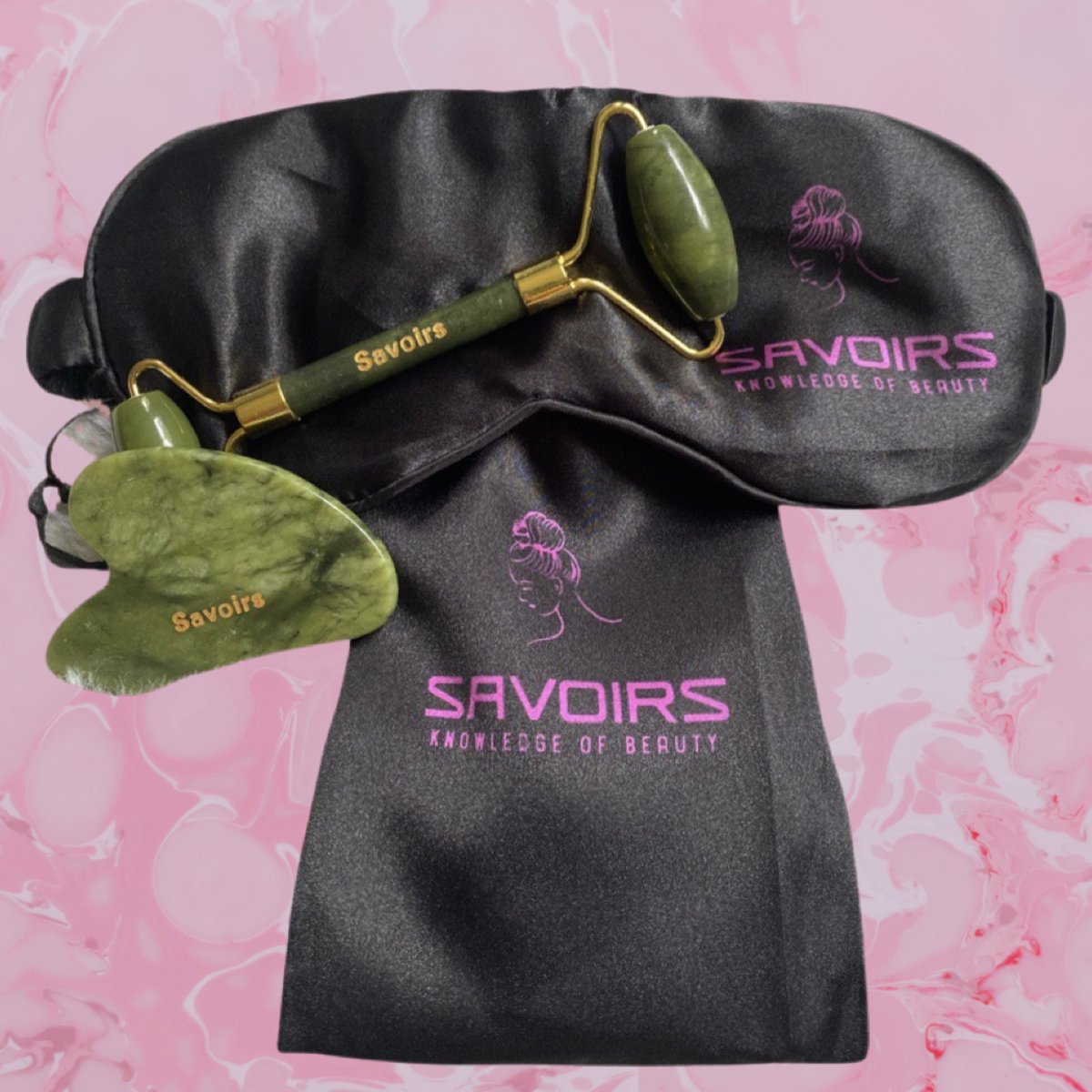 SAVOIRS Jade Roller Gua Sha set - Groen Jade roller tweedelig - Anti-aging gezicht massage inclusief twee drawstring bags en keus uit slaapmasker of haarband roze,zwart ,wit.