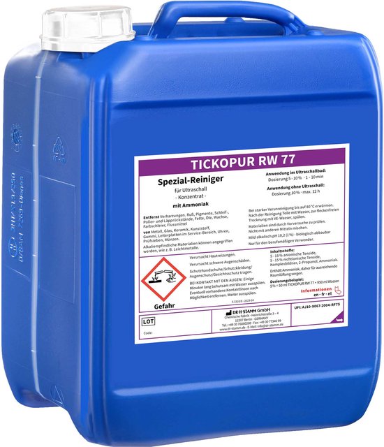 TICKOPUR RW77 - 10L Reinigingsconcentraat voor klokken, horloges, juwelen en meer (ultrasoon vloeistof - reinigings - reiniger - reinigingsmiddel - middel)