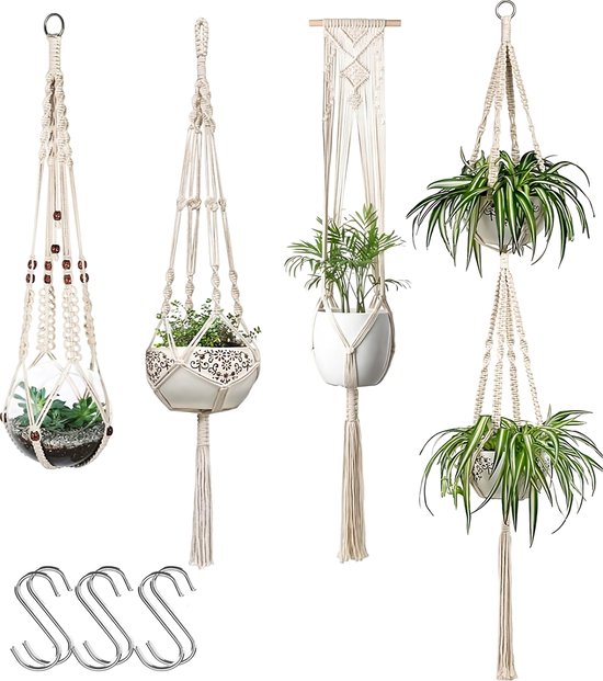 Foto: 4 stuks luxe macrame plantenhangers boho handgeweven katoen hangpot voor binnen buiten hangende bloempot met kralen macram touw koord hangplant houder bohemian wandhanger decoratie plant hanger verticale tuin bloempothouder planthanger