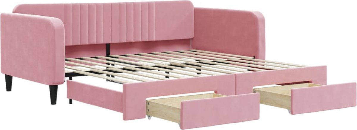 vidaXL Slaapbank - met - onderschuifbed - en - lades - 100x200 - cm - fluweel - roze