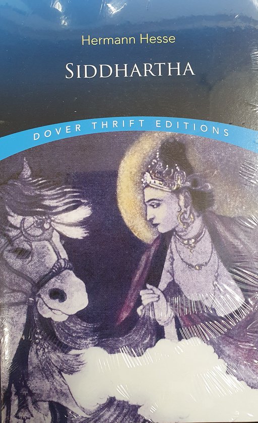 Boek met de titel Siddhartha van Hermann Hesse, met op de voorkant een tekening van een paard en een figuur met een kroon.