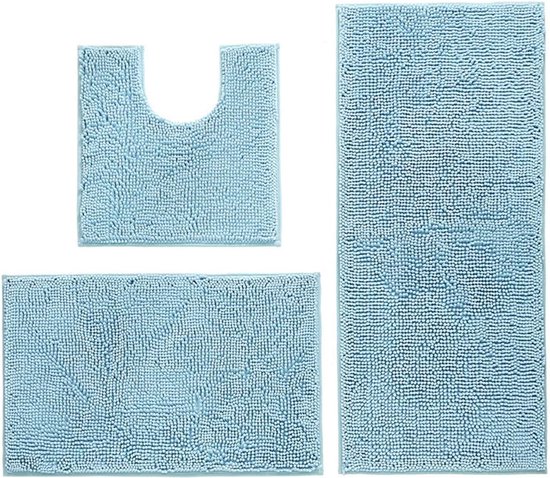 Ensemble de tapis de bain antidérapant, haute absorption d'eau, microfibre douce, tapis de toilette, tapis de toilette, lavable en machine, ensemble de 3 pièces (bleu clair)