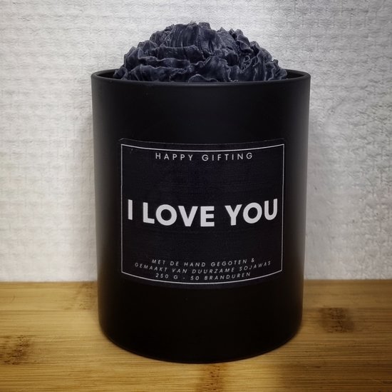 I love you - Soja was geurkaars - Zwarte roos - Kaarsglas mat zwart - Kaneel geur - 250 gram - 50 branduren - Geurkaars - Kaars - Kaars met tekst - Soja was – Soy wax – Handgemaakt – Cadeau – Cinnamon - Geschenk – Duurzaam - Valentijn - Valentijnsdag