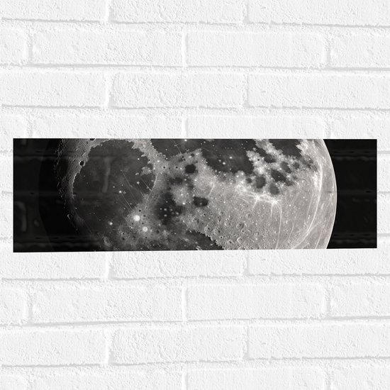 Muursticker - Maan - Closeup - Zwart - Wit - 60x20 cm Foto op Muursticker