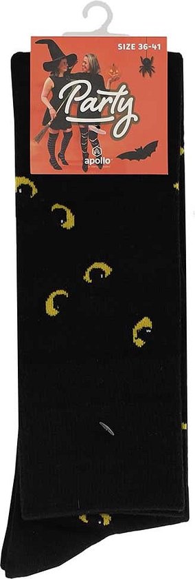 Zwarte kniekousen met gele kattenoogprint, met een 'Party' Halloween kaart.
