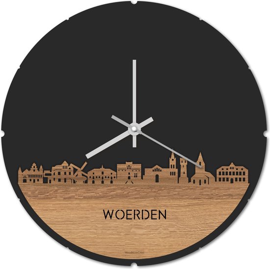 Skyline Klok Rond Woerden Eikenhout - Ø 44 cm - Stil uurwerk - Wanddecoratie - Meer steden beschikbaar - Woonkamer idee - Woondecoratie - City Art - Steden kunst - Cadeau voor hem - Cadeau voor haar - Jubileum - Trouwerij - Housewarming -