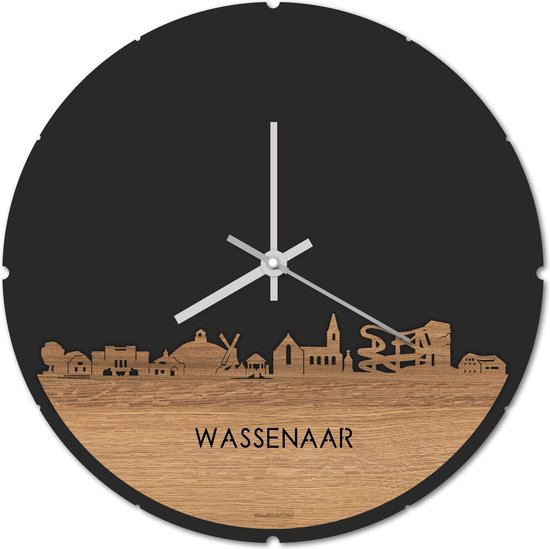 Skyline Klok Rond Wassenaar Eikenhout - Ø 44 cm - Stil uurwerk - Wanddecoratie - Meer steden beschikbaar - Woonkamer idee - Woondecoratie - City Art - Steden kunst - Cadeau voor hem - Cadeau voor haar - Jubileum - Trouwerij - Housewarming -