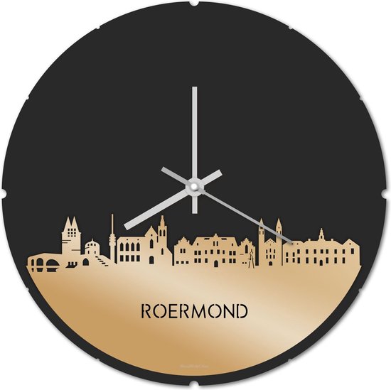 Skyline Klok Rond Roermond Goud Metallic - Ø 44 cm - Stil uurwerk - Wanddecoratie - Meer steden beschikbaar - Woonkamer idee - Woondecoratie - City Art - Steden kunst - Cadeau voor hem - Cadeau voor haar - Jubileum - Trouwerij - Housewarming -